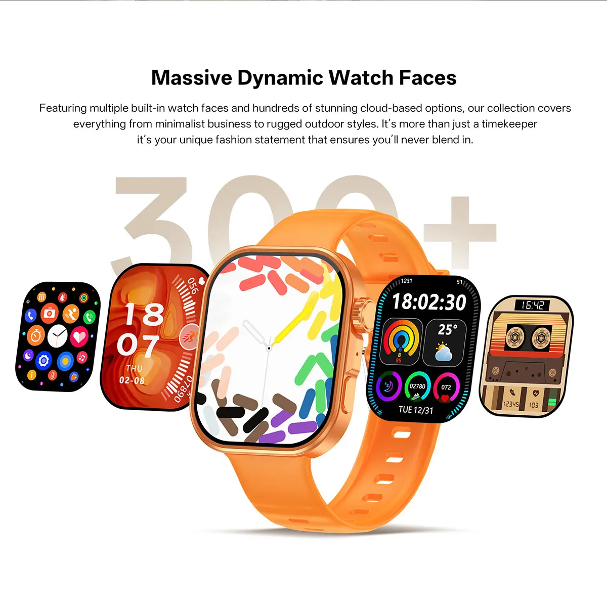 MYRYDER C48Pro smart watch detail: massive dynamic watch faces — more than 300 dials shown as floating previews around an orange C48Pro