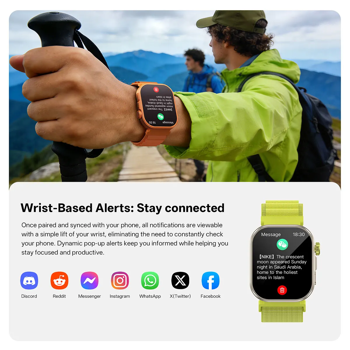 MYRYDER C48Pro smart watch detail: wrist-based alerts — a wearer reading a pushed message on the watch above icons for Discord, Reddit, Messenger, Instagram, WhatsApp, X (Twitter) and Facebook