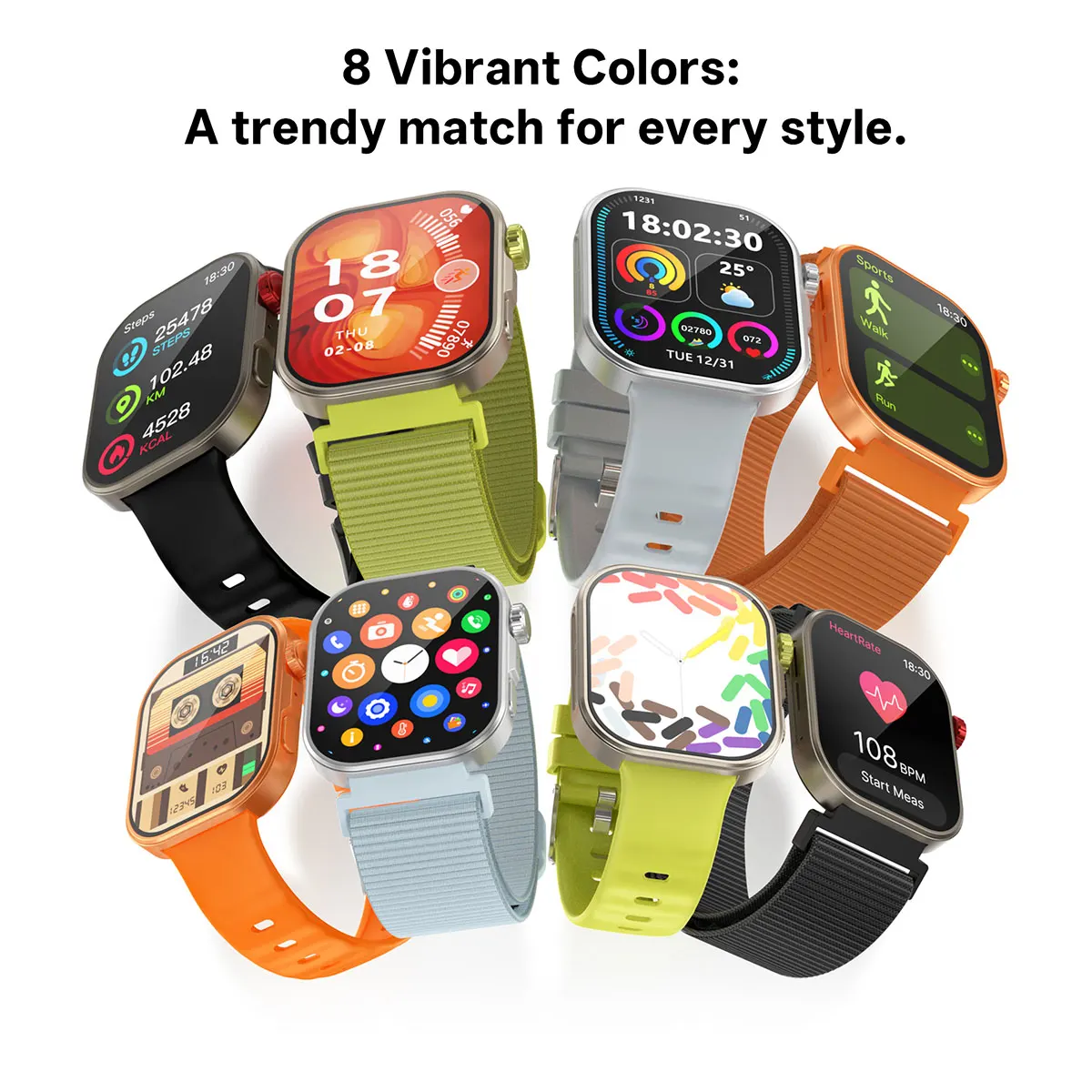 MYRYDER C48Pro smart watch detail: 8 vibrant colours — a ring of C48Pro watches in black, orange, silver and titanium cases with silicone and nylon straps