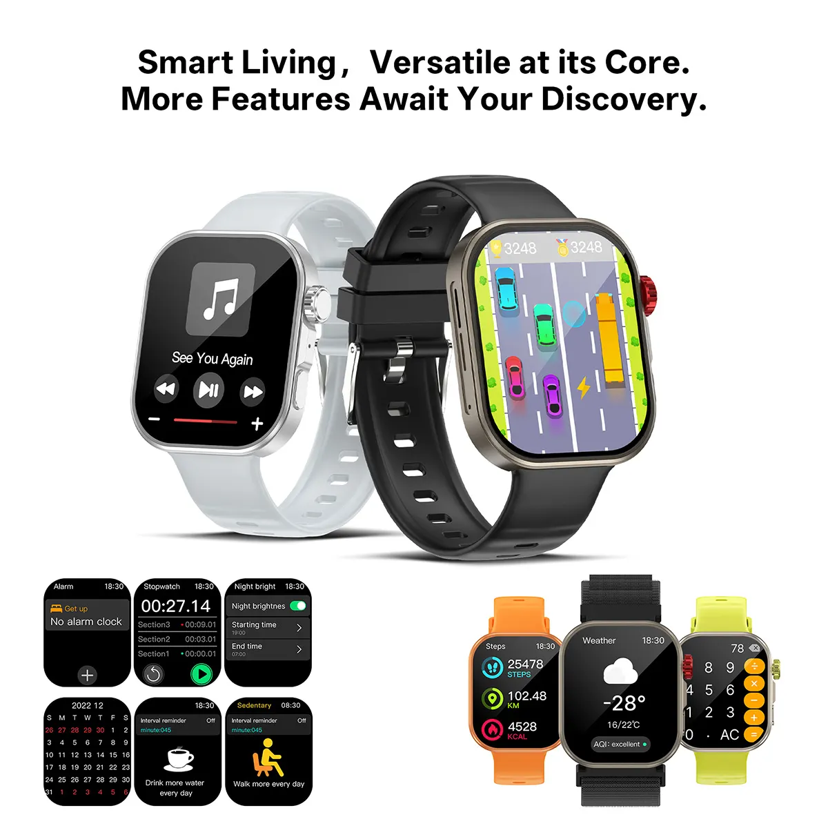 MYRYDER C48Pro smart watch detail: more functions — music control and car game screens plus alarm, stopwatch, night brightness, calendar, sedentary reminder, drink-water reminder, weather and calculator tiles