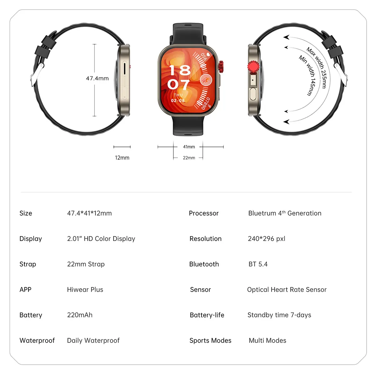 MYRYDER C48Pro smart watch detail: full spec table — 47.4 x 41 x 12 mm, 2.01-inch HD colour display at 240 x 296 pxl, 22 mm strap, BT 5.4, Hiwear Plus app, Bluetrum 4th generation chipset, optical heart-rate sensor, 220 mAh battery with 7-day standby, daily waterproof and multi sports modes
