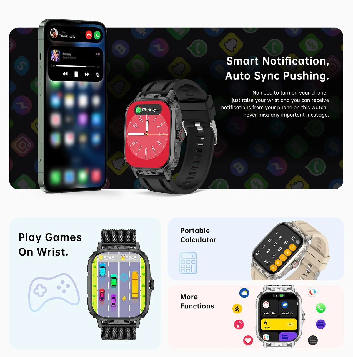 MYRYDER C29Pro smart watch detail: smart notification and auto sync pushing from the phone to the watch, a playable racing game on the wrist and a portable calculator function