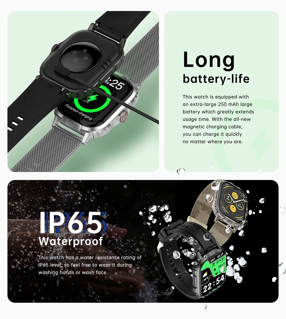 MYRYDER C29Pro smart watch detail: long battery life with a 250 mAh cell and magnetic charging cable, plus an IP65 water-resistance graphic with water drops on black and gold watches