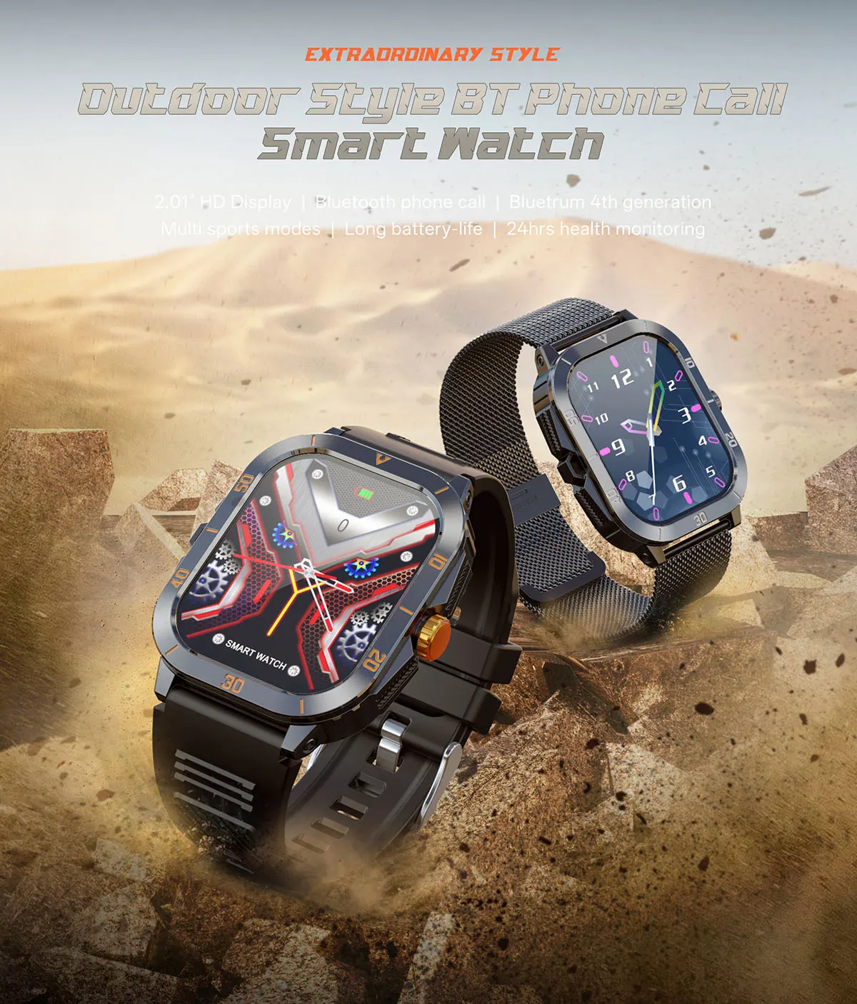 MYRYDER C50Pro smart watch detail: product banner for the C50Pro outdoor smart watch headed "Outdoor Style BT Phone Call Smart Watch", shot on a desert plain, listing a 2.01-inch HD display, Bluetooth phone call, Bluetrum 4th generation, multi sports modes, long battery life and 24-hour health monitoring