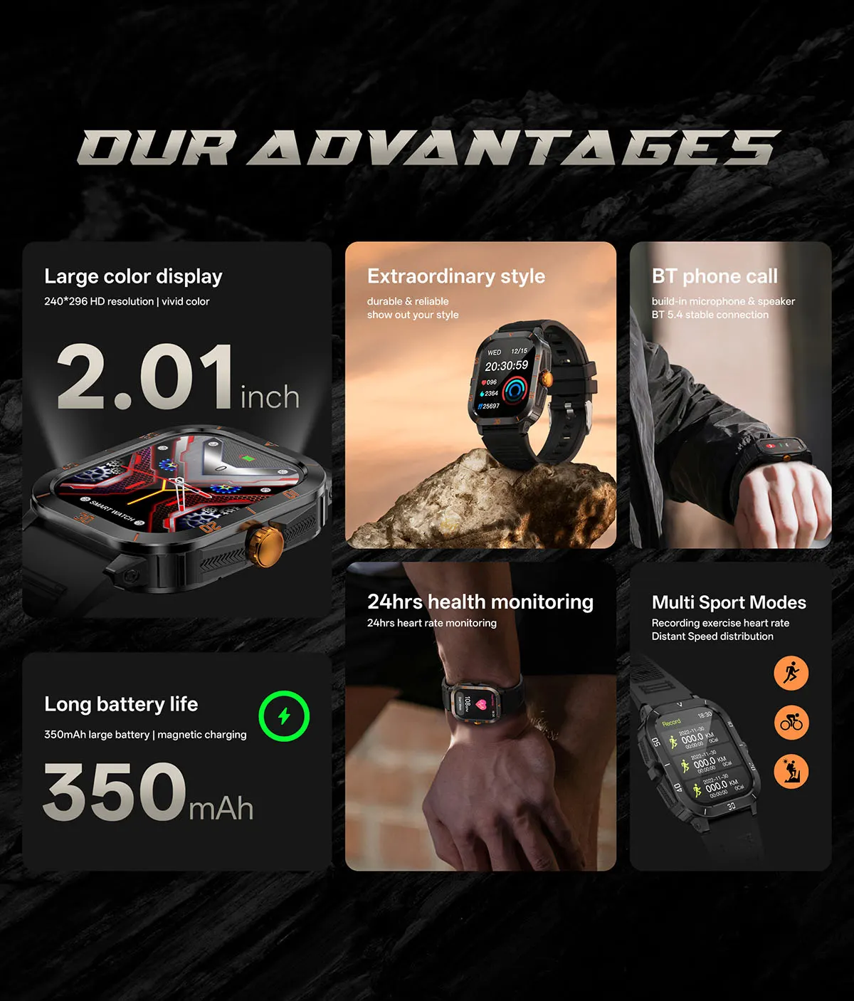 MYRYDER C50Pro smart watch detail: advantage grid: 2.01-inch 240 x 296 display, durable outdoor style, BT phone call with microphone and speaker over BT 5.4, 24-hour heart-rate monitoring, multi sport modes and a 350 mAh battery with magnetic charging