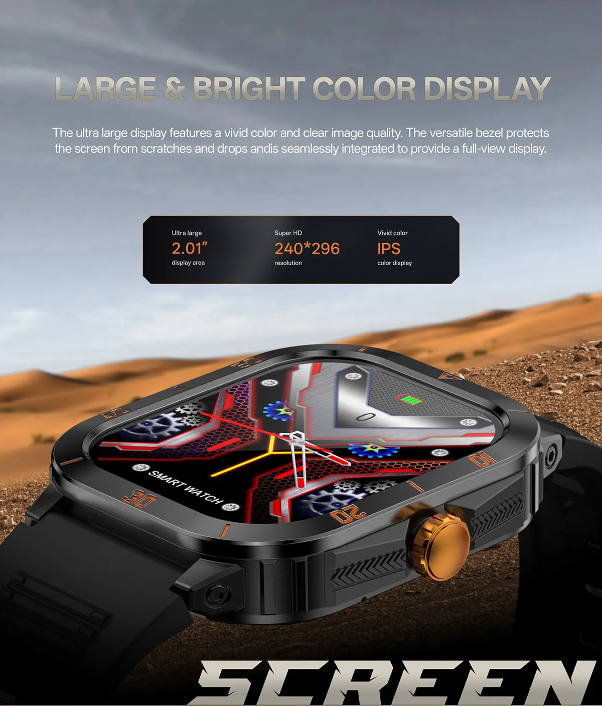 MYRYDER C50Pro smart watch detail: large and bright colour display: a 2.01-inch display area at 240 x 296 resolution with an IPS colour panel, shown with the orange-crown watch on a desert plain