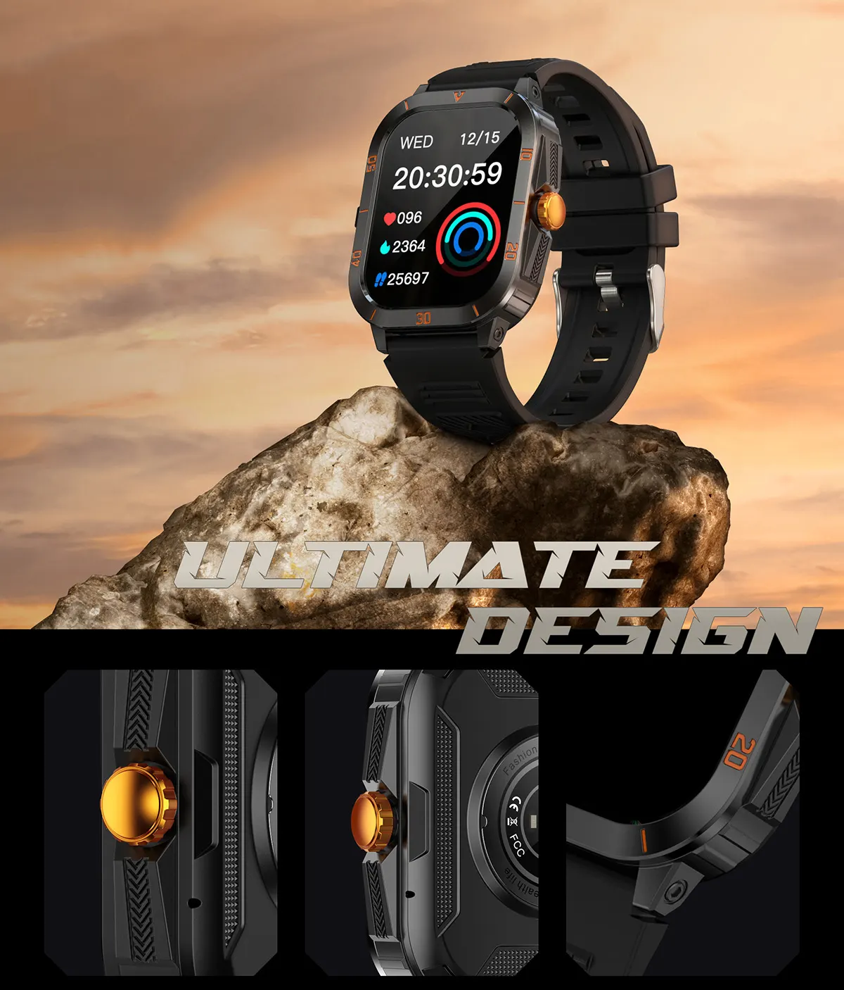 MYRYDER C50Pro smart watch detail: ultimate design shots: gold-orange rotating crown, laser-etched case sides and 20/30/40/50 case markings on the ring