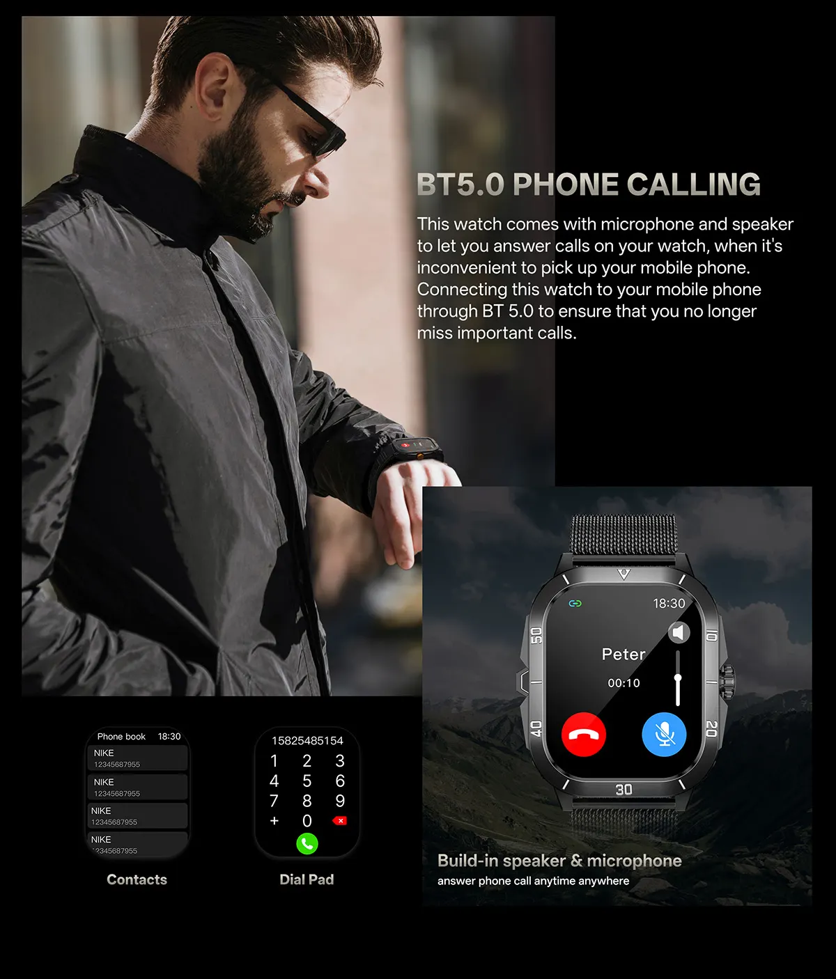 MYRYDER C50Pro smart watch detail: BT phone calling: a wearer taking a call on the wrist, an on-watch call screen with speaker and microphone icons, a phone book contact list and a dial pad