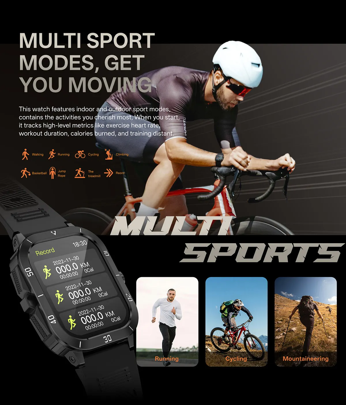 MYRYDER C50Pro smart watch detail: multi sport modes: walking, running, cycling, climbing, basketball, jump rope, treadmill and record icons with running, cycling and mountaineering tiles
