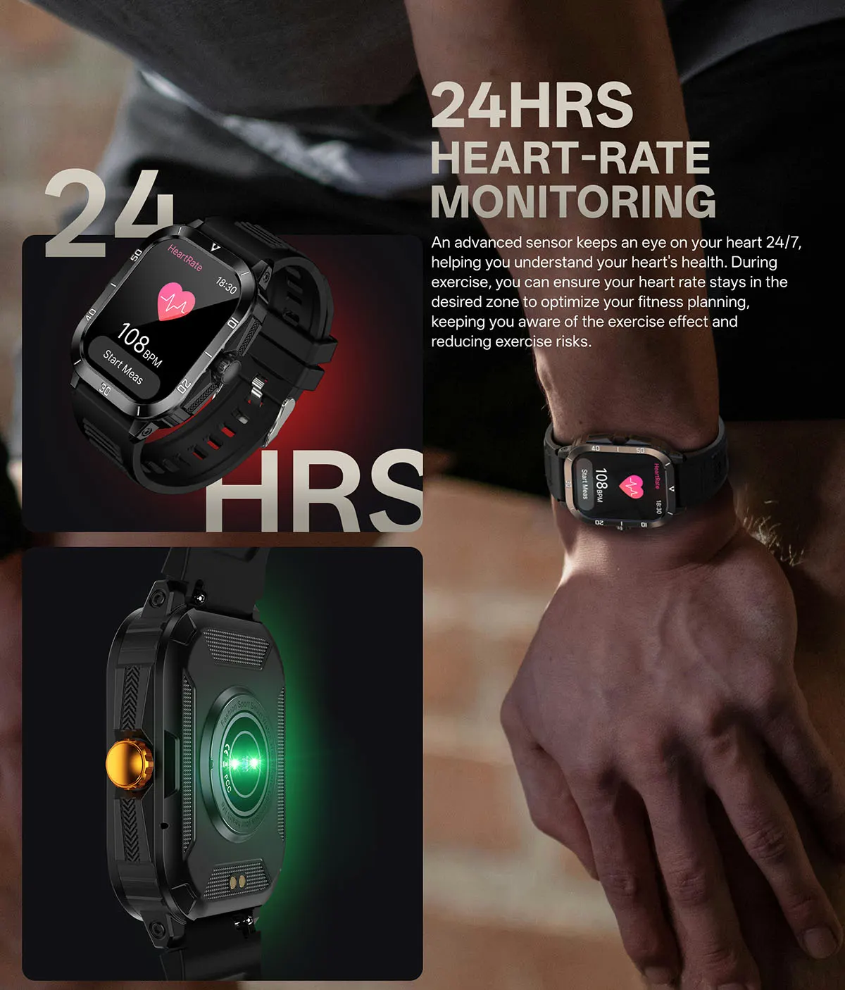 MYRYDER C50Pro smart watch detail: 24-hour heart-rate monitoring at 108 bpm with the green optical sensor lit on the back of the case