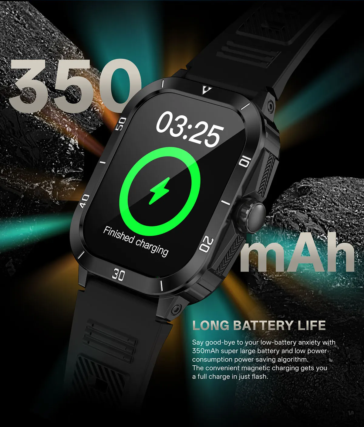 MYRYDER C50Pro smart watch detail: long battery life: 350 mAh cell shown with the charging screen reading "Finished charging", magnetic charging and a low-power-consuming power-saving algorithm