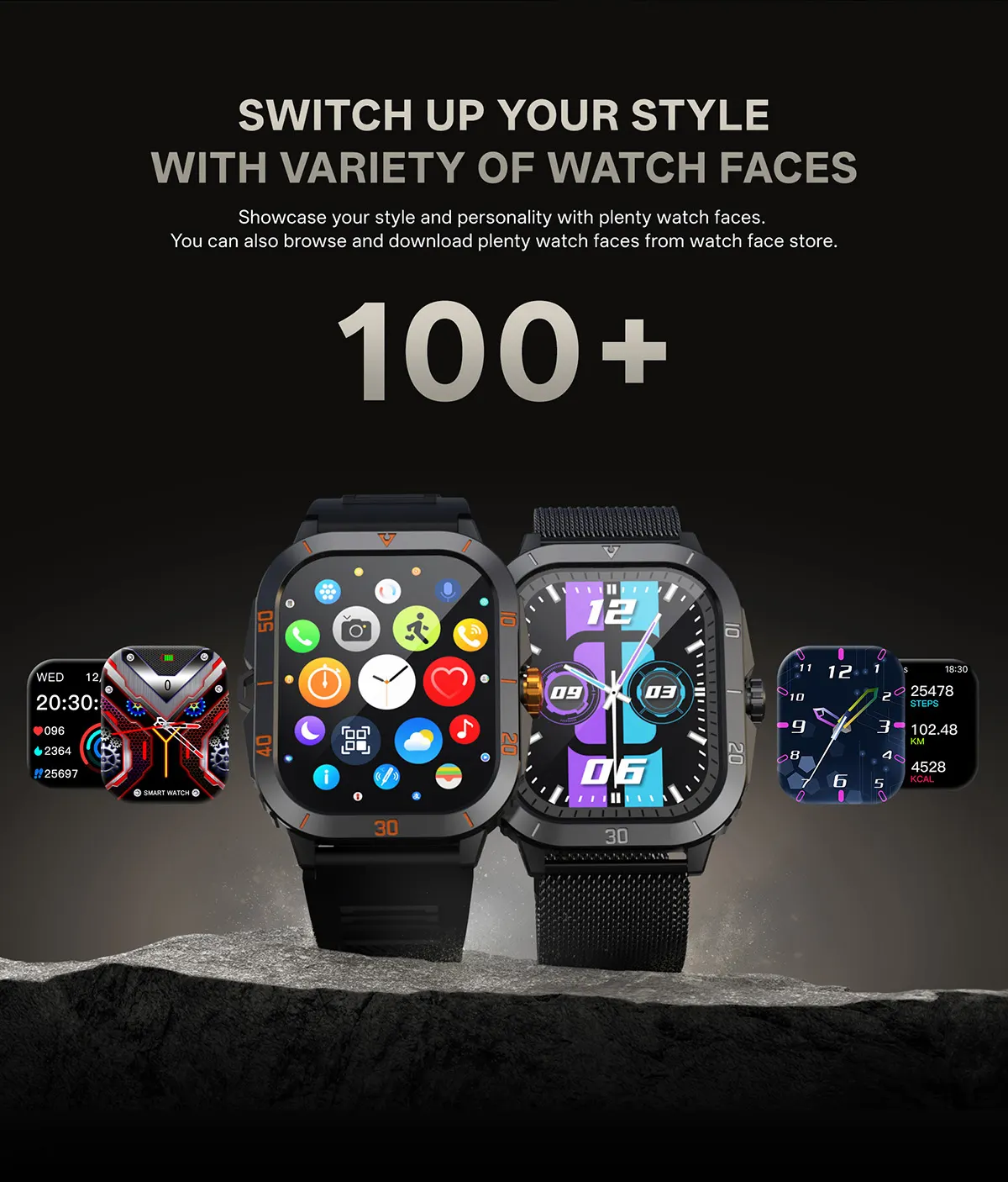 MYRYDER C50Pro smart watch detail: variety of watch faces: more than 100 dials shown as floating previews around two C50Pro watches, noting more can be downloaded from the watch-face store