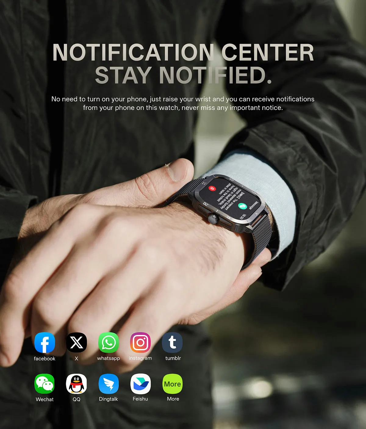 MYRYDER C50Pro smart watch detail: notification center: a wearer reading a pushed message on the watch, with facebook, X, WhatsApp, Instagram, Tumblr, WeChat, QQ, DingTalk and Feishu icons