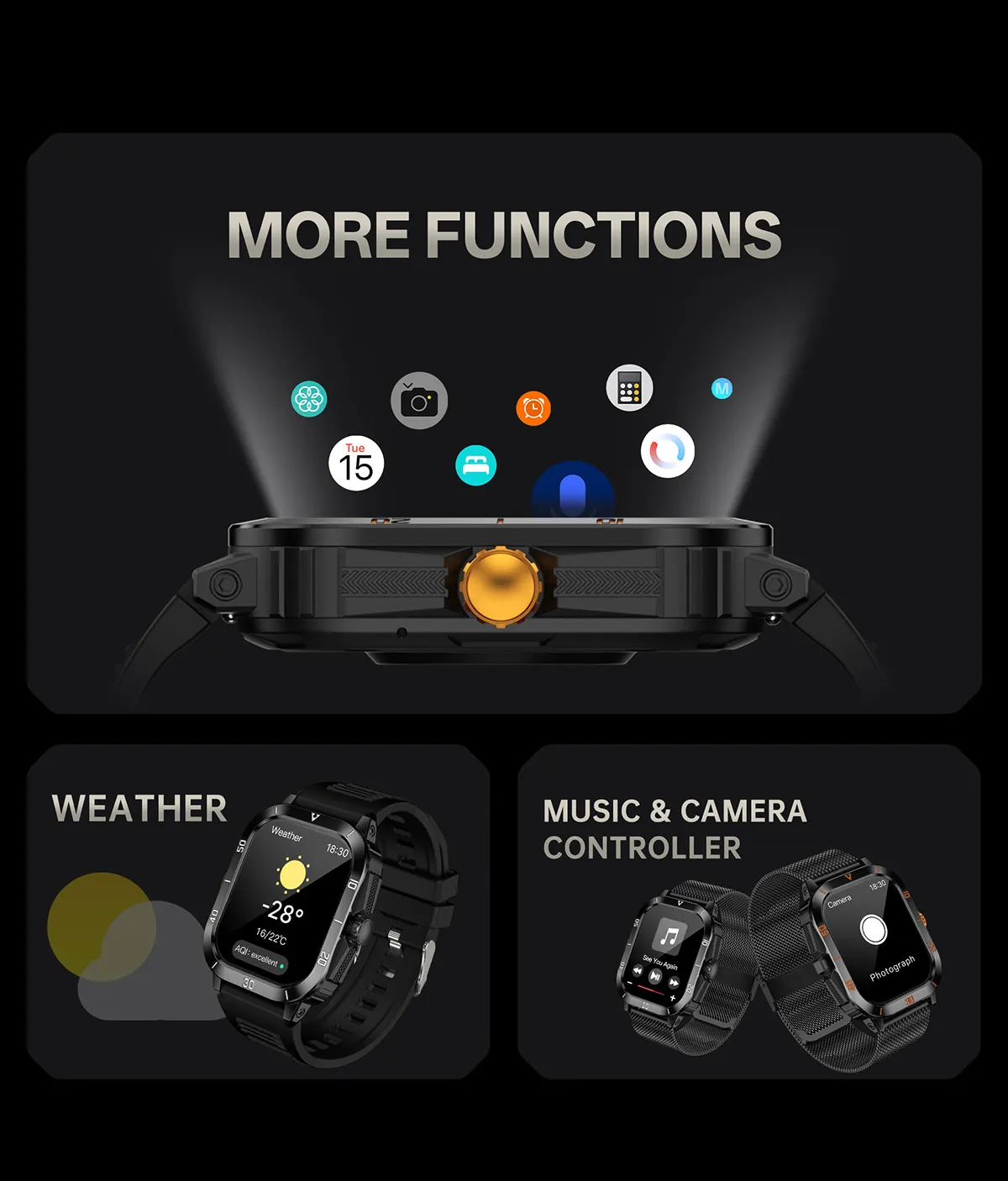 MYRYDER C50Pro smart watch detail: more functions: weather, music and camera controller screens, plus alarm, calendar, calculator, stopwatch and voice icons radiating from the watch crown