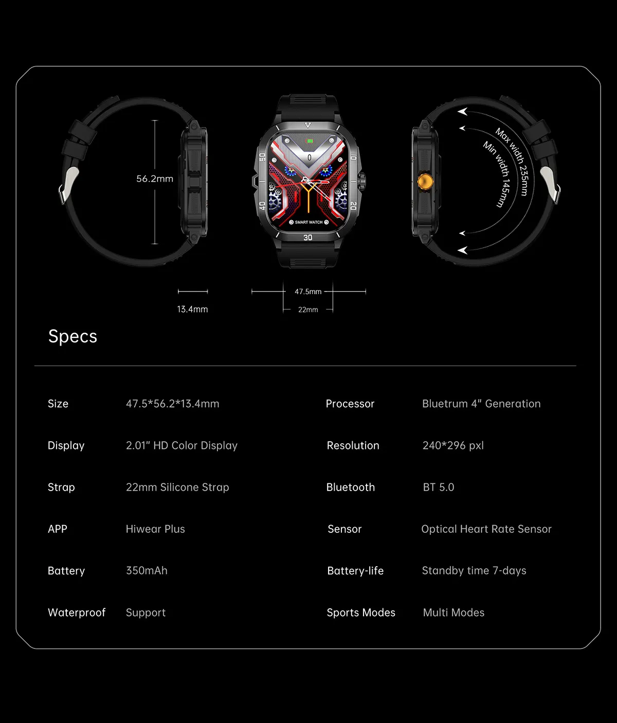 MYRYDER C50Pro smart watch detail: full spec table: 47.5 x 56.2 x 13.4 mm, 2.01-inch HD colour display at 240 x 296 pxl, 22 mm silicone strap, BT 5.0, Hiwear Plus app, optical heart-rate sensor, 350 mAh battery with 7-day standby, waterproof supported and multi sport modes
