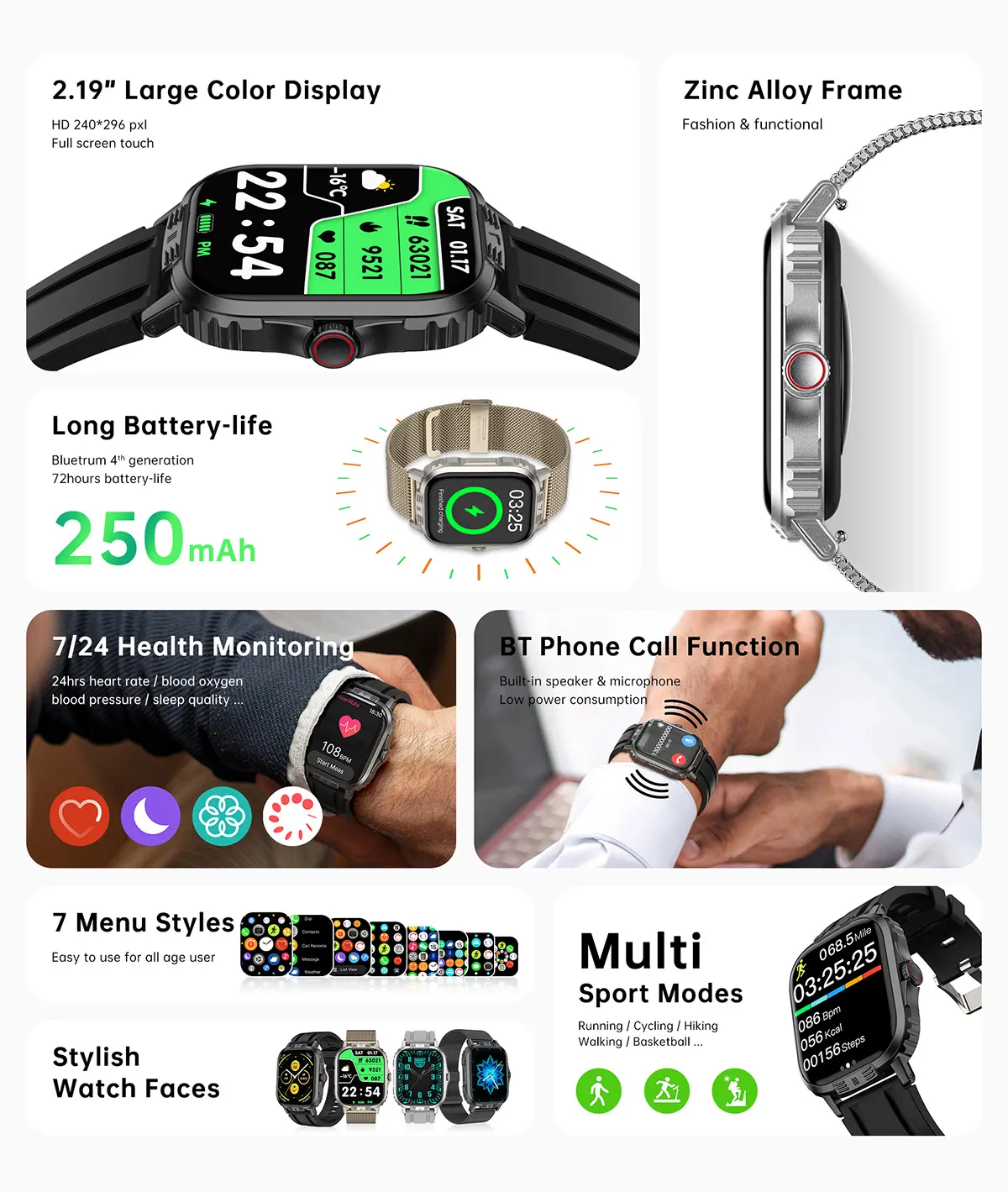 MYRYDER C29Pro smart watch detail: feature grid: 2.19-inch 240 x 296 full-touch display, zinc alloy frame, 250 mAh battery with 72-hour battery life, 24-hour heart rate, blood oxygen, blood pressure and sleep monitoring, BT phone calls with speaker and microphone, 7 menu styles, multi sport modes and stylish watch faces
