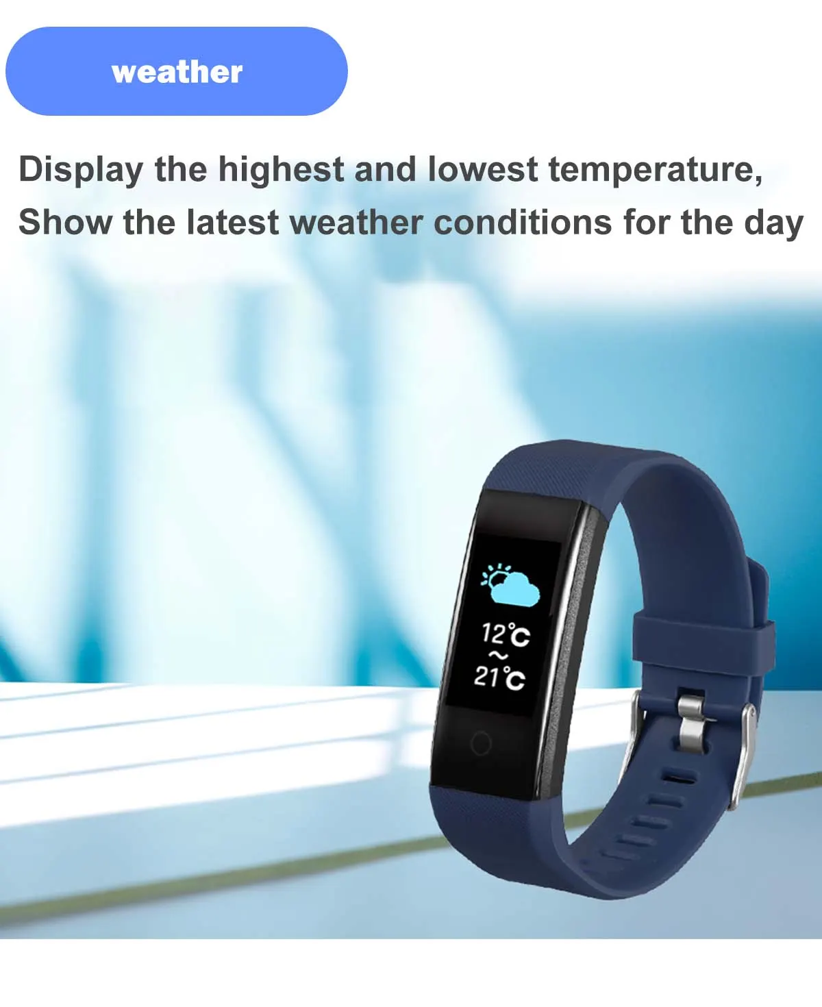 MYRYDER 115P infographic weather function, show daily high-low temperature and latest weather condition on bracelet screen