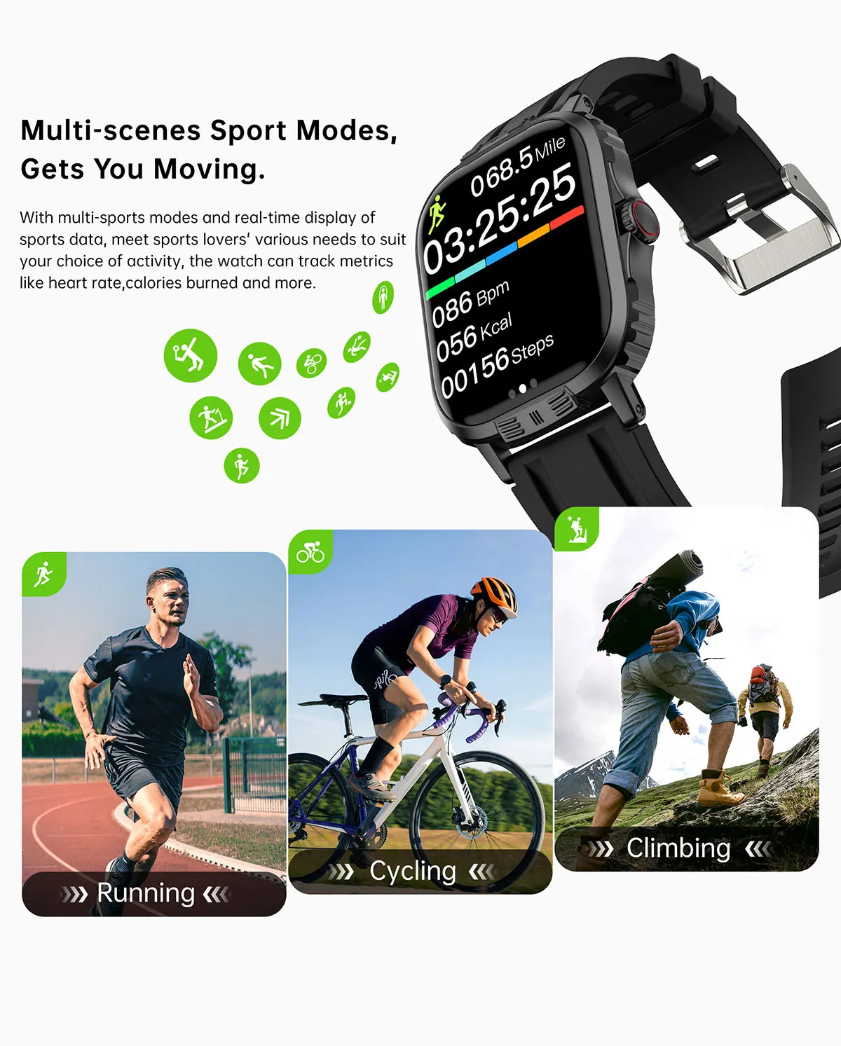 MYRYDER C29Pro smart watch detail: multi-scene sport modes: the watch showing 0.68 mile, 03:25:25 duration, 086 bpm, 056 kcal and 00156 steps, with running, cycling and climbing tiles