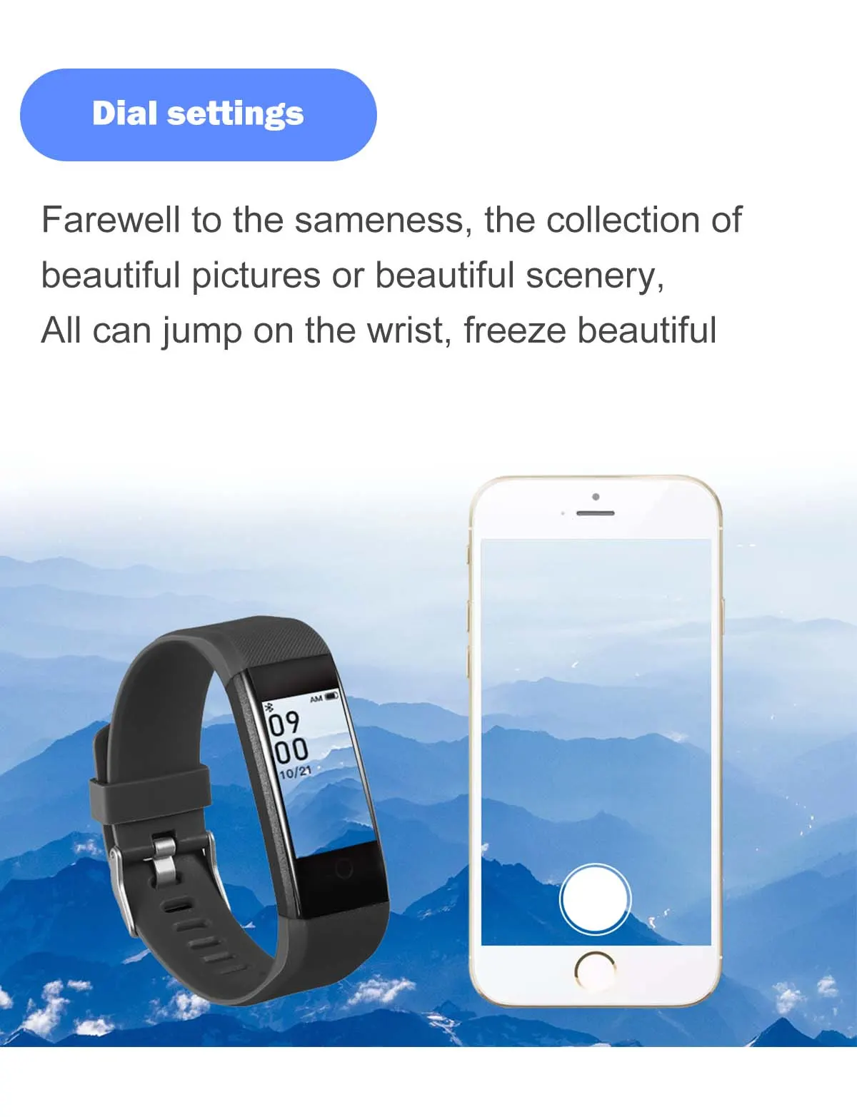 MYRYDER 115P infographic dial settings function, custom watch face with favourite picture for personalized wearable display