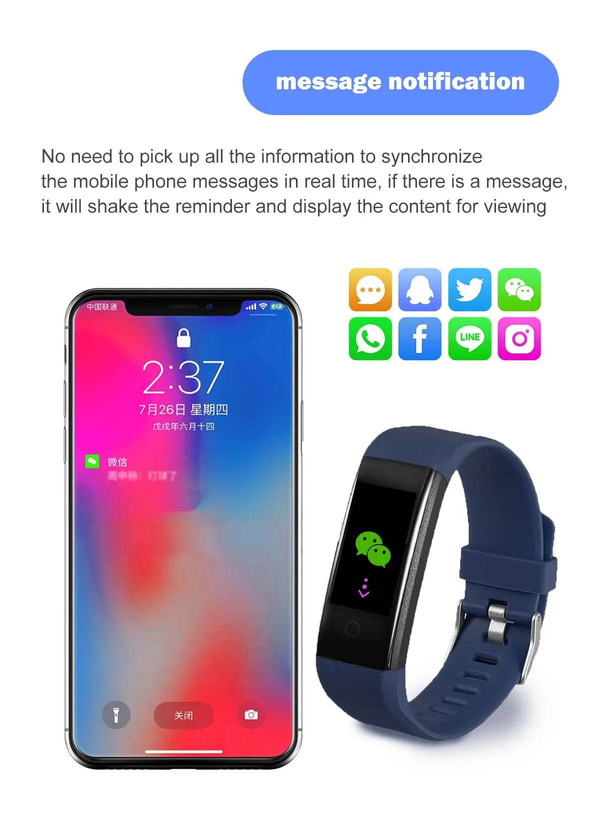 MYRYDER 115P infographic for real-time mobile message notification sync, vibration alert for WeChat QQ Facebook incoming messages