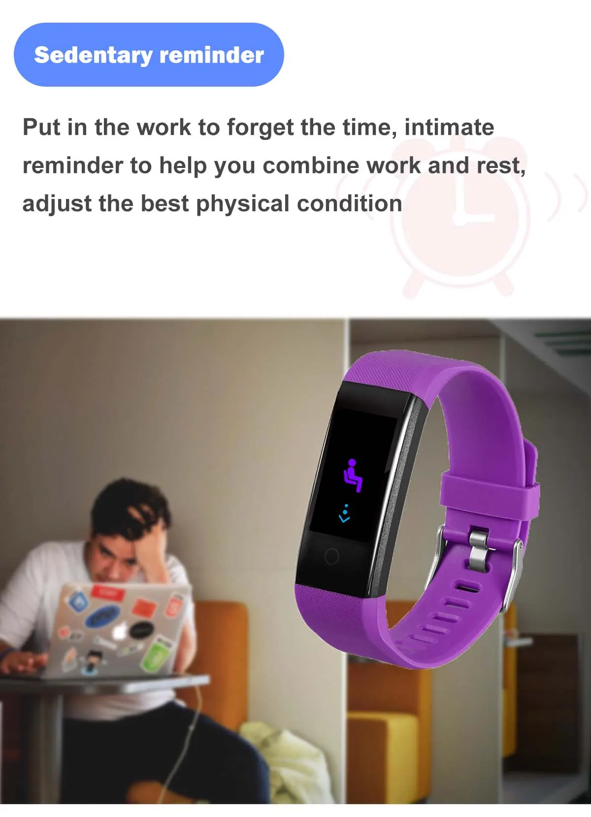 MYRYDER 115P infographic sedentary reminder function, remind to take breaks for better physical condition during long-time working