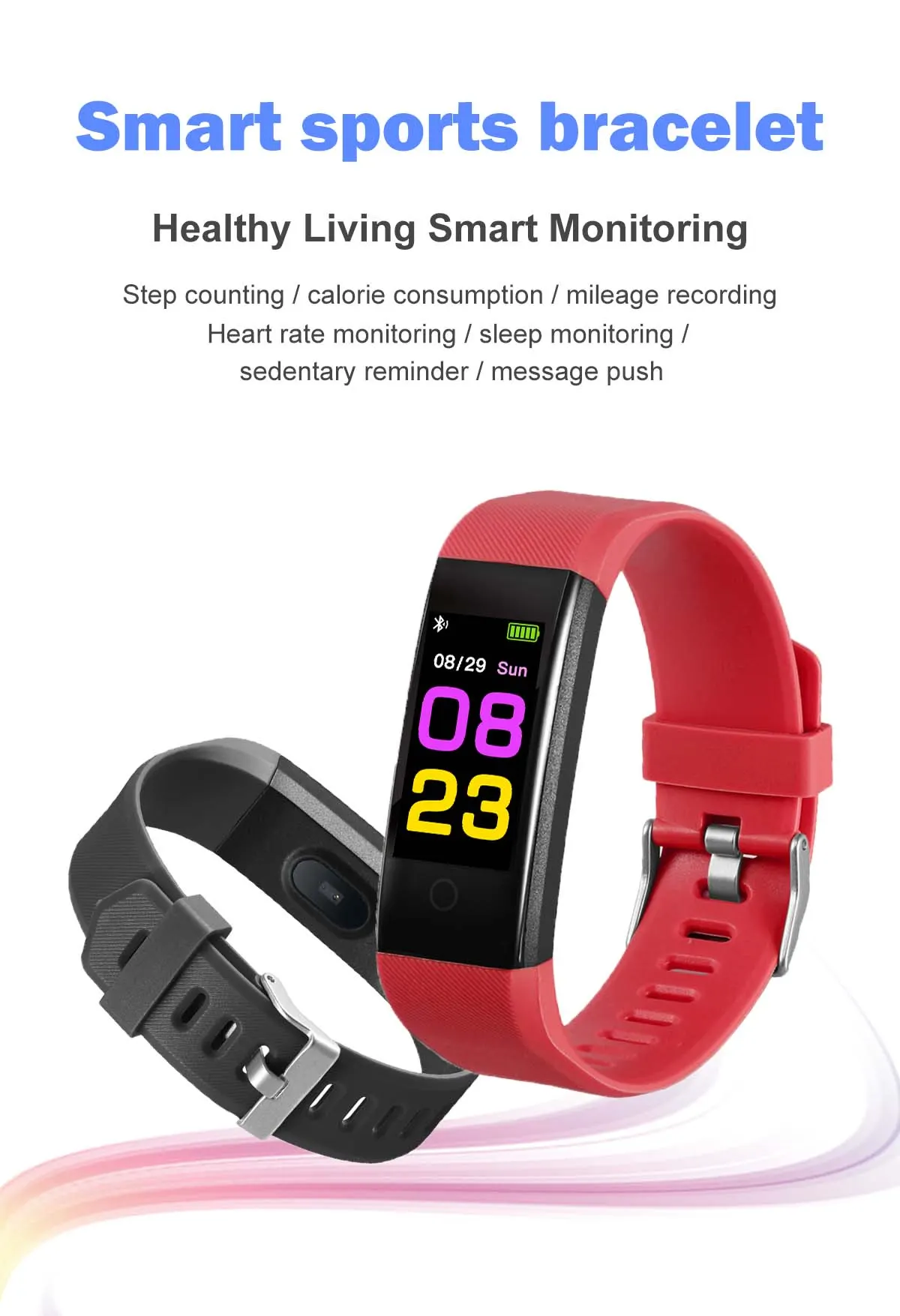 MYRYDER 115P infographic banner for smart sports bracelet, health data monitoring, step calorie mileage record, heart rate sleep and message push functions