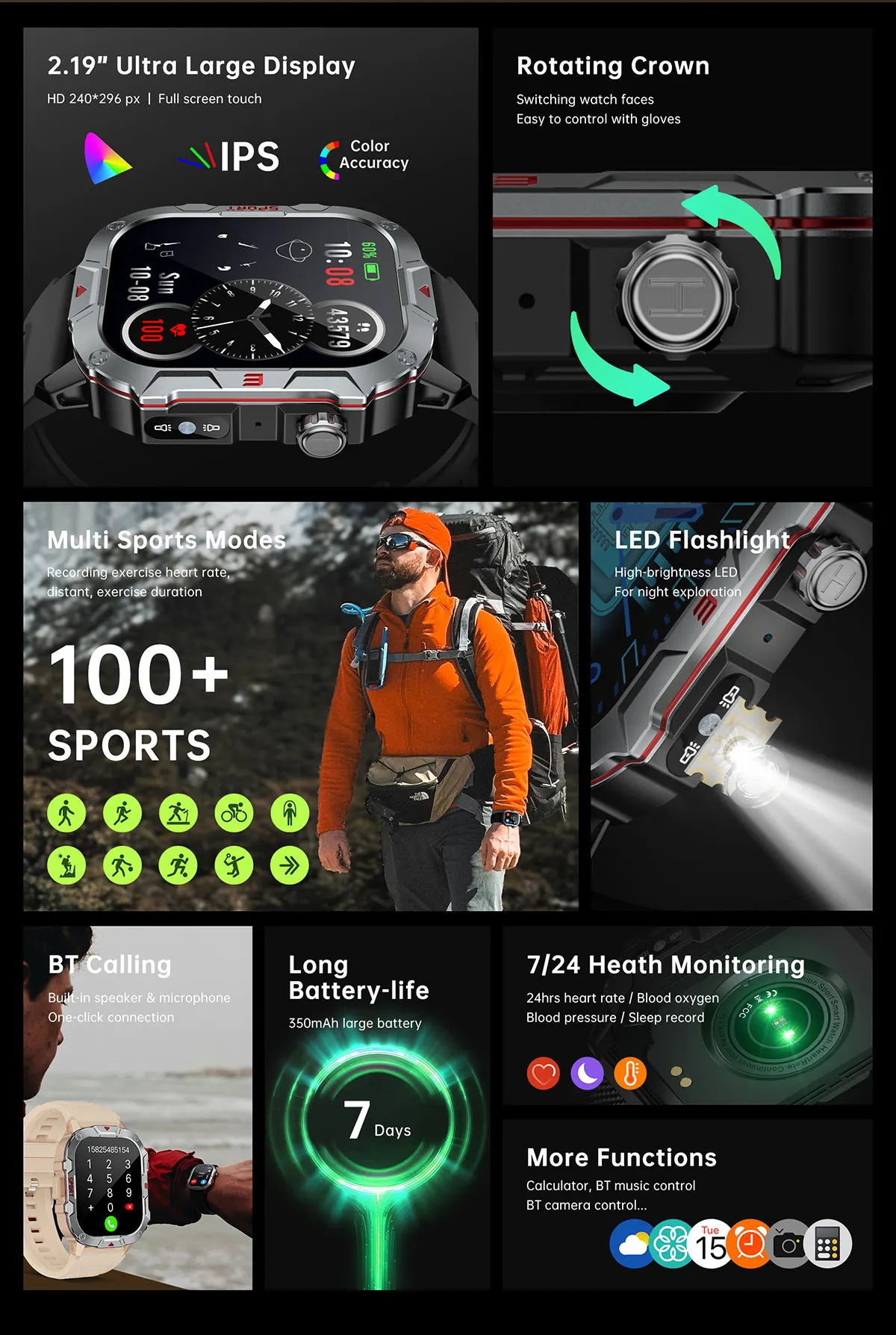MYRYDER C40Pro smart watch detail: feature grid: 2.19-inch 240 x 296 ultra large display, rotating crown for switching watch faces, 100+ sport modes, high-brightness LED flashlight, BT calling with speaker and microphone, 350 mAh battery with 7-day life, 7/24 health monitoring and more functions