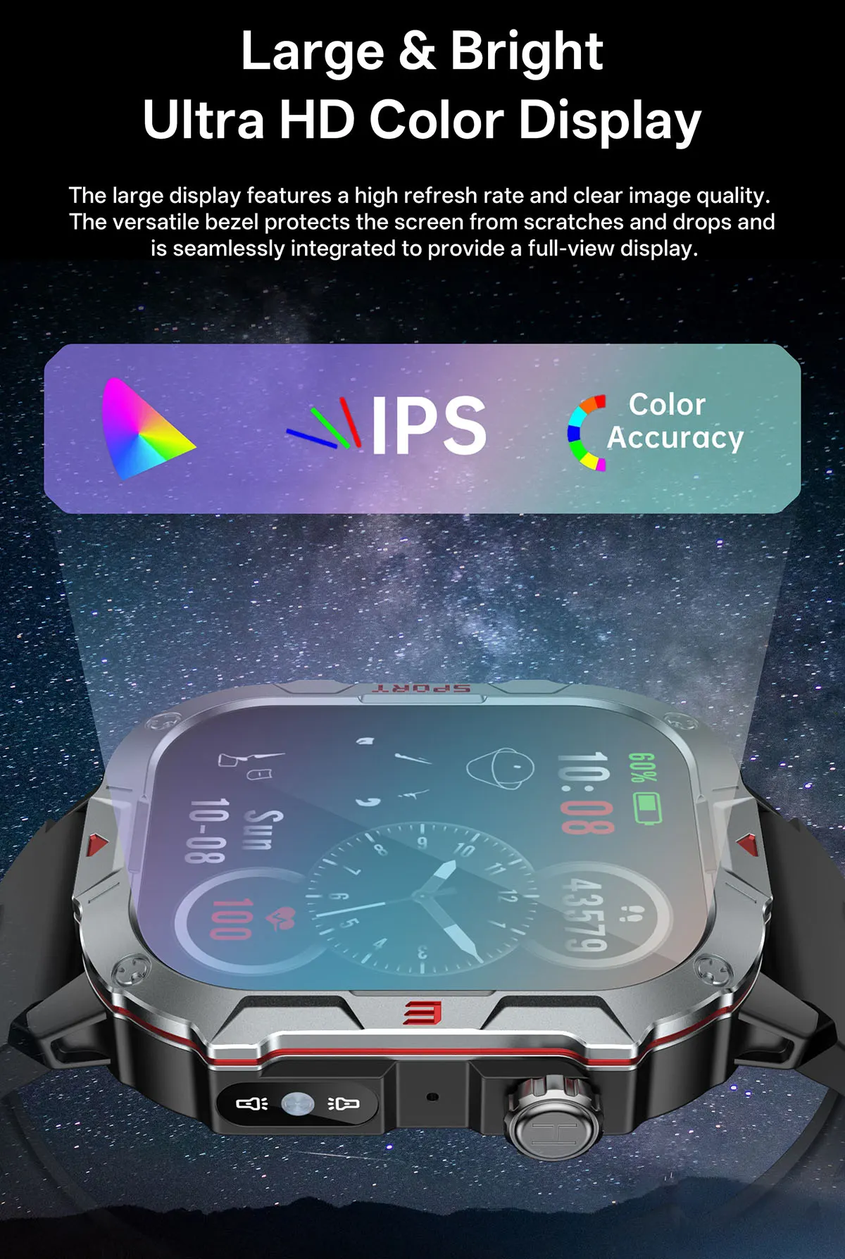 MYRYDER C40Pro smart watch detail: large and bright ultra HD colour display with IPS wide viewing angle and colour accuracy, shown against a starfield
