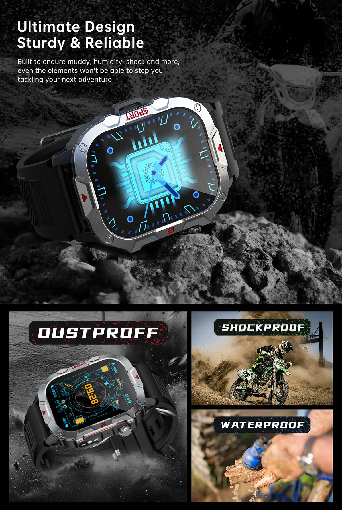MYRYDER C40Pro smart watch detail: sturdy and reliable build panels labelled dustproof, shockproof and waterproof, with a rider racing through sand