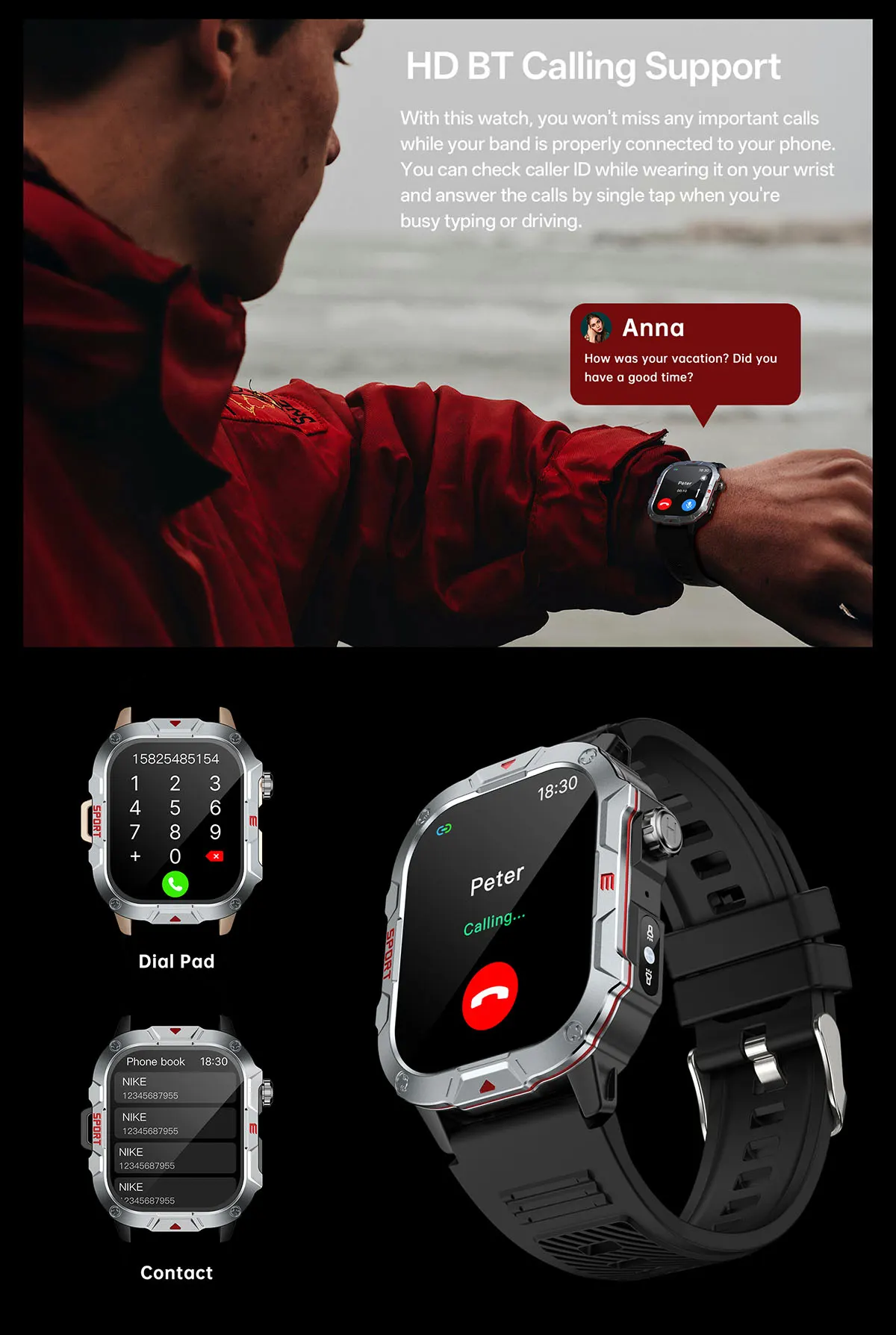 MYRYDER C40Pro smart watch detail: HD Bluetooth calling support with a wearer taking a call on the wrist, an on-watch dial pad and a phone book contact list