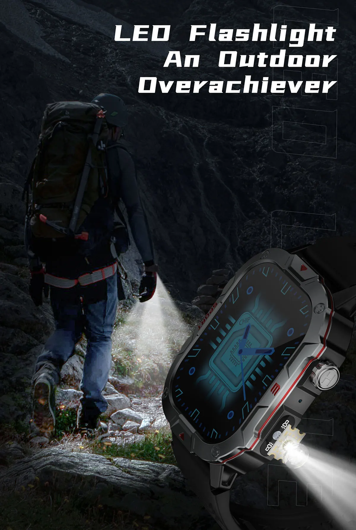 MYRYDER C40Pro smart watch detail: built-in LED flashlight lighting the trail for a night hiker, with a close-up of the LED beside the rotating crown