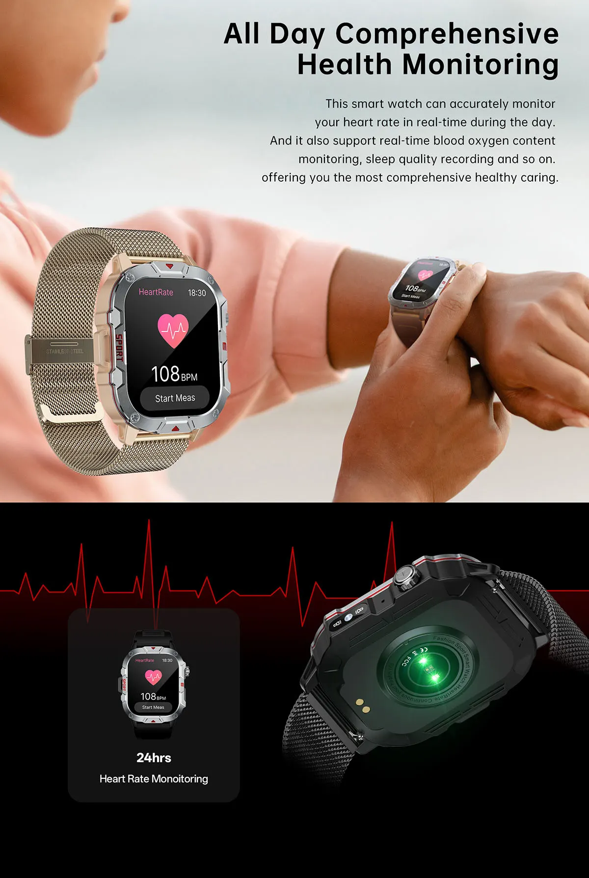 MYRYDER C40Pro smart watch detail: all-day comprehensive health monitoring: green optical sensor on the back of the case, 24-hour heart-rate measurement at 108 bpm, blood oxygen and sleep recording