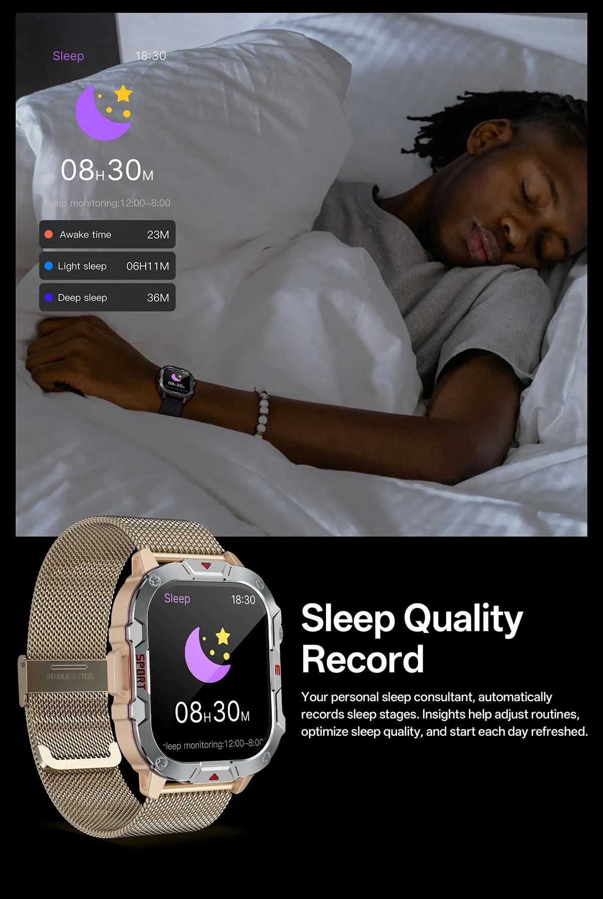 MYRYDER C40Pro smart watch detail: sleep quality record: 08H 30M of sleep with awake time, light sleep and deep sleep breakdown on a gold Milanese watch