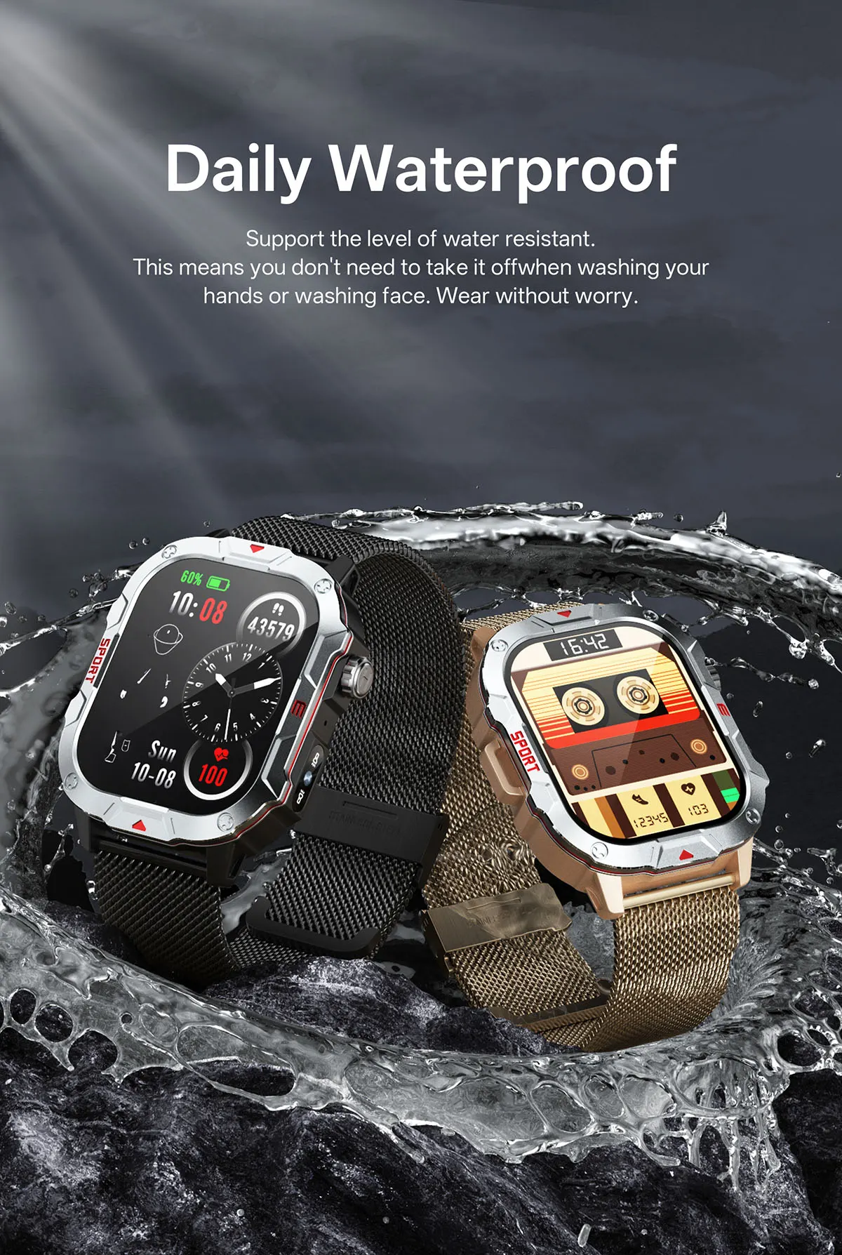 MYRYDER C40Pro smart watch detail: daily waterproof graphic with two watches splashed by water, noting the watch can be worn while washing hands and face