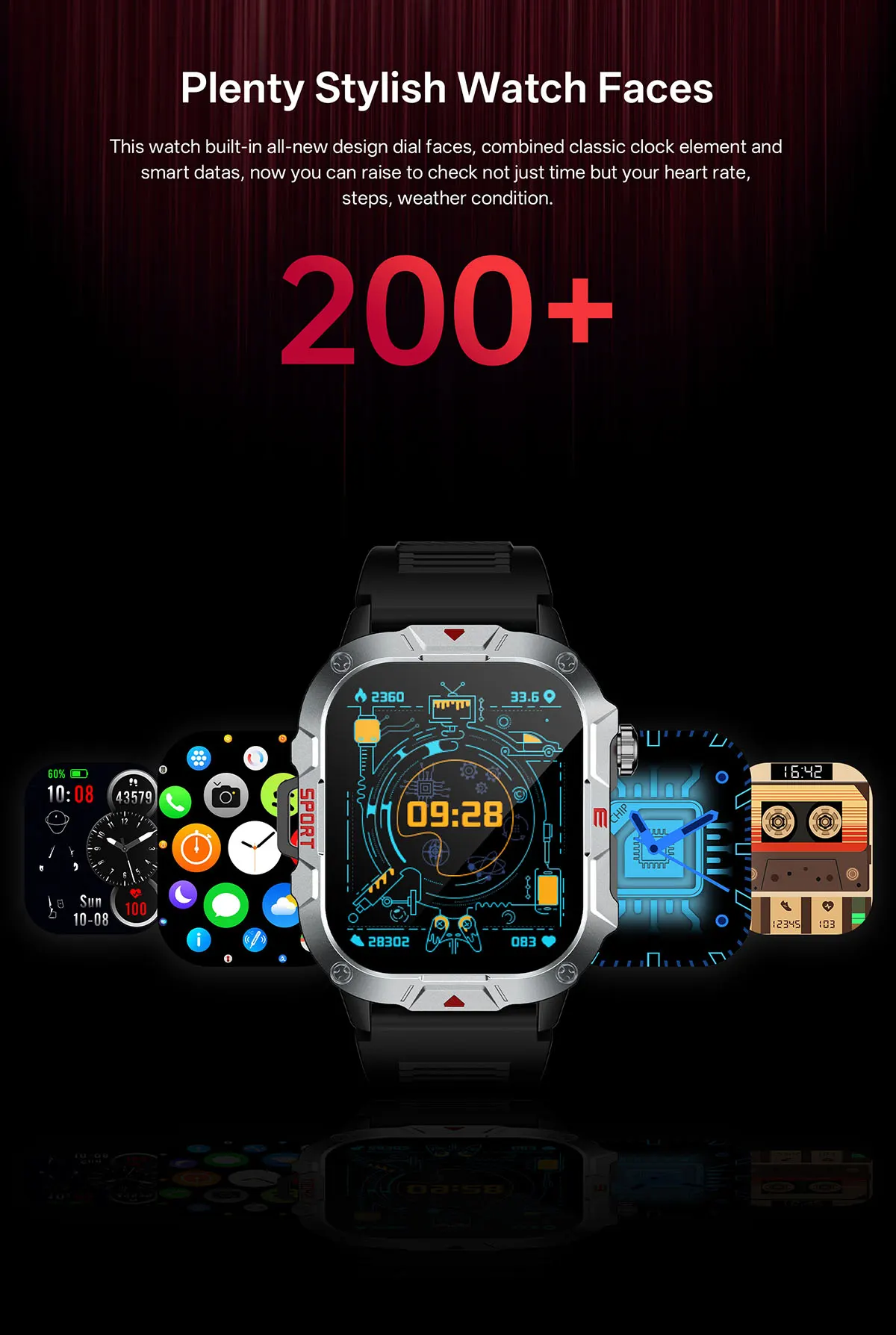 MYRYDER C40Pro smart watch detail: plenty of stylish watch faces: more than 200 dials shown as floating previews around a silver watch
