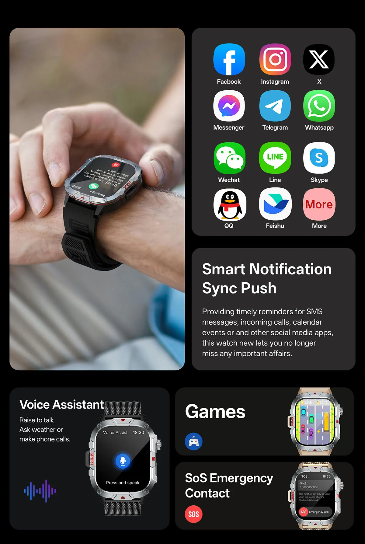 MYRYDER C40Pro smart watch detail: smart notification sync push from Facebook, Messenger, Instagram, Telegram, WhatsApp, WeChat, LINE, Skype, QQ and Feishu, plus voice assistant, a racing game and SOS emergency contact screens