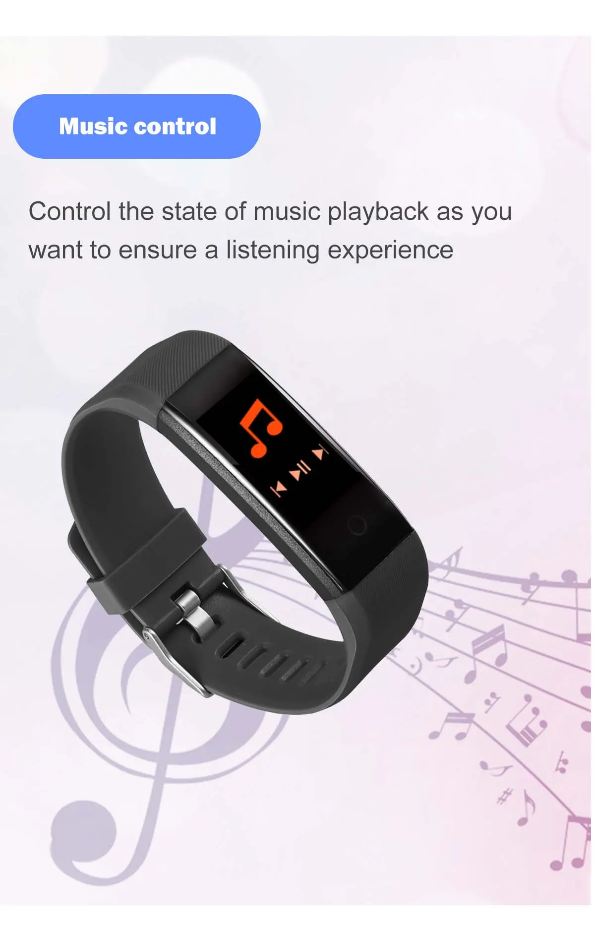 MYRYDER 115P infographic bluetooth music remote control, play pause and skip tracks for mobile phone music playback