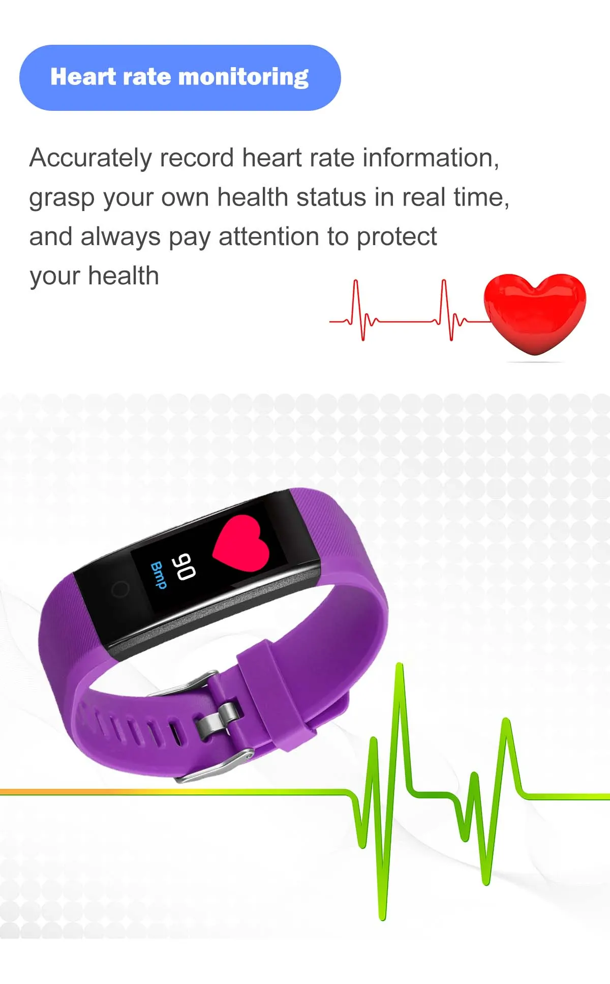 MYRYDER 115P infographic real-time heart rate monitoring, check personal health status, 90 BPM heart rate screen display