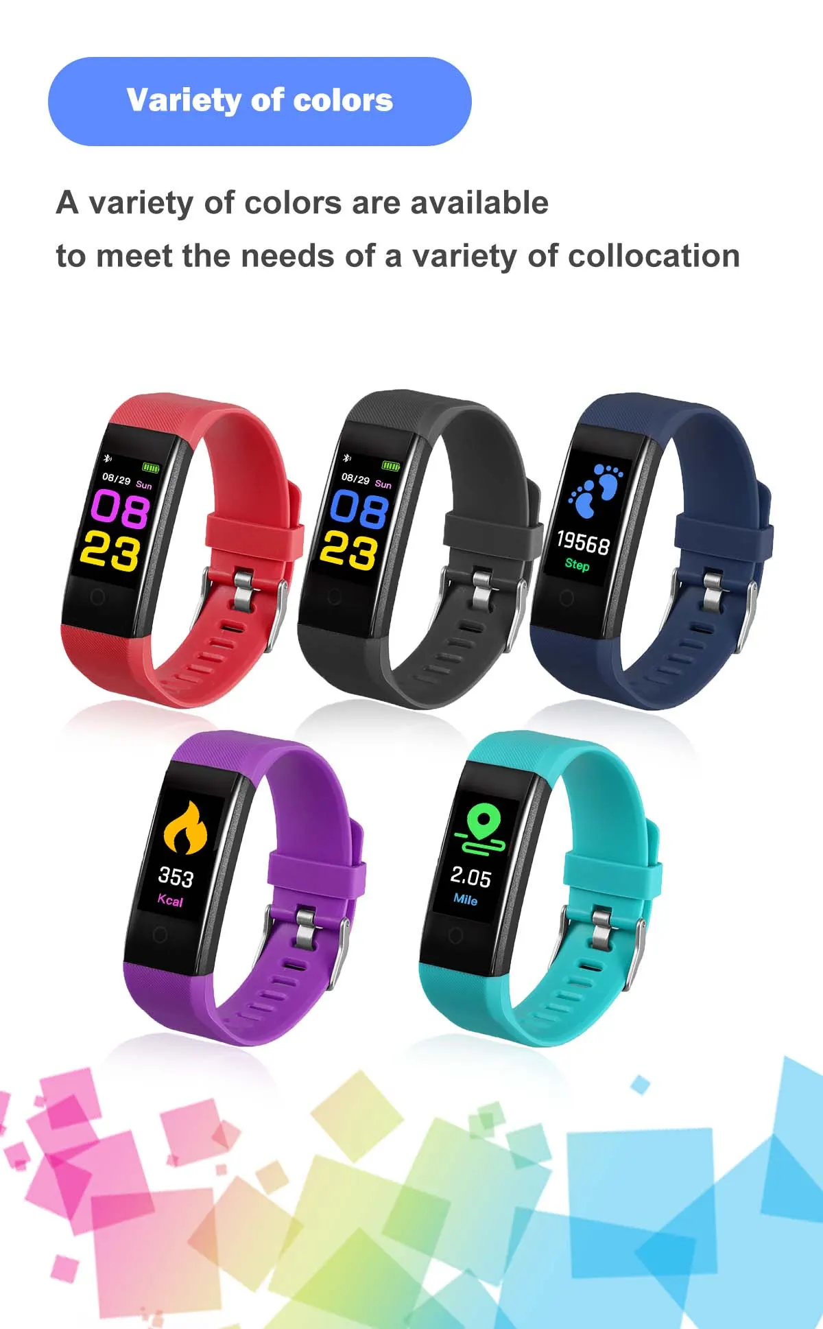 MYRYDER 115P infographic multiple color styles introduction, red black blue purple turquoise band choices for different matching demands