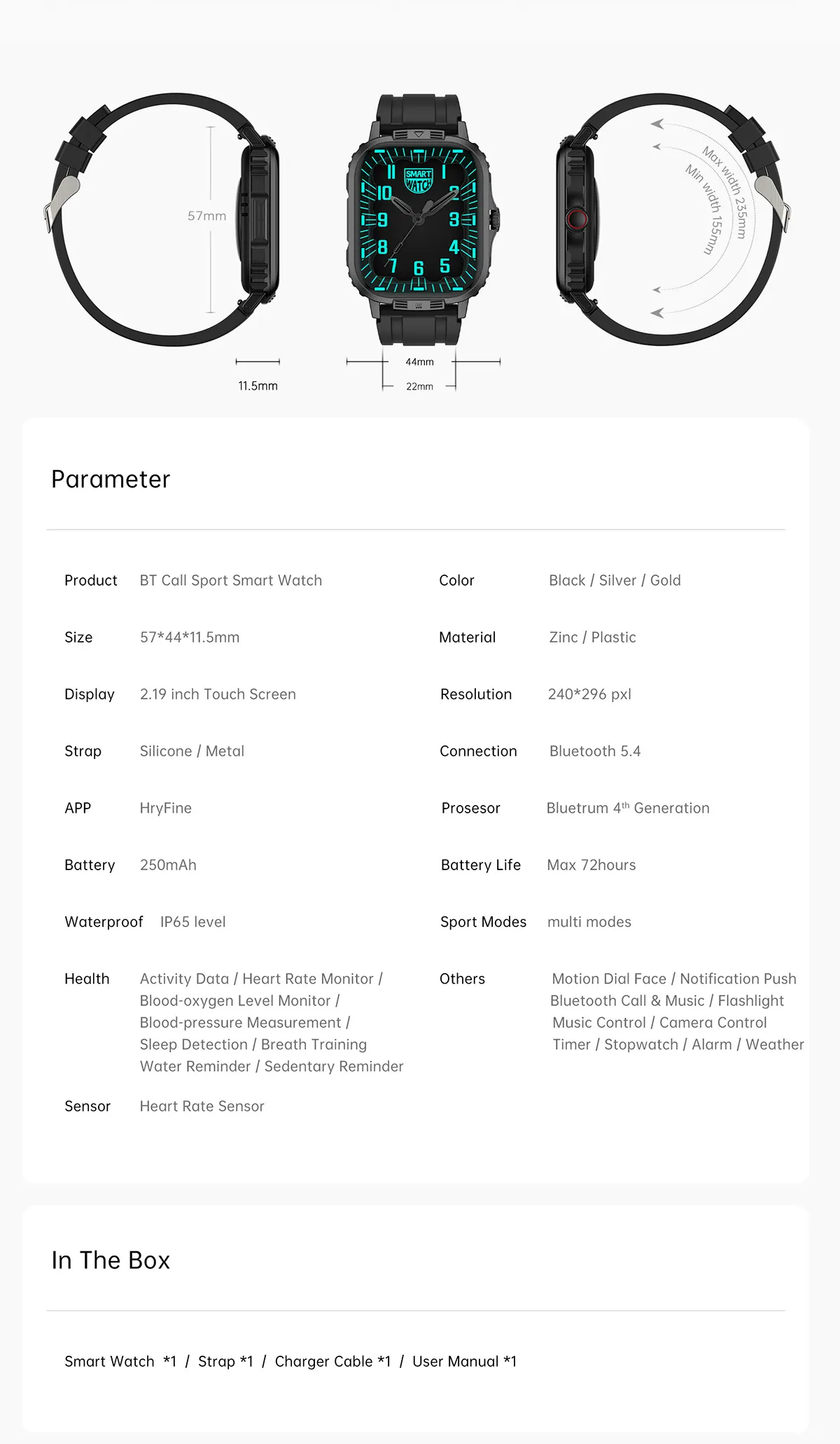 MYRYDER C29Pro smart watch detail: full parameter table: 2.19-inch touch screen at 240 x 296 pxl, 57 x 44 x 11.5 mm, zinc and plastic, silicone or metal strap, Bluetooth 5.4, HryFine app, Bluetrum 4th generation processor, 250 mAh battery with max 72 hours battery life, IP65 waterproof, multi sport modes, health and activity features, and the in-box list