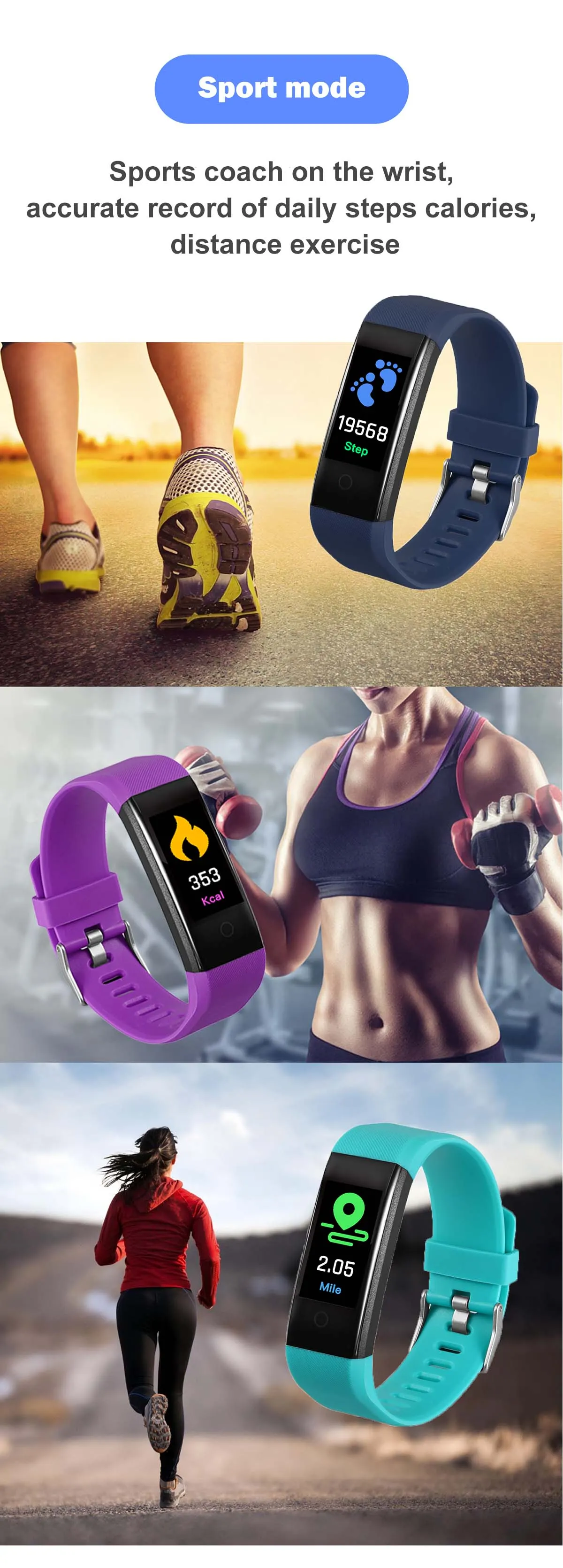 MYRYDER 115P infographic sports coach function, daily steps, calorie consumption and exercise distance tracking display