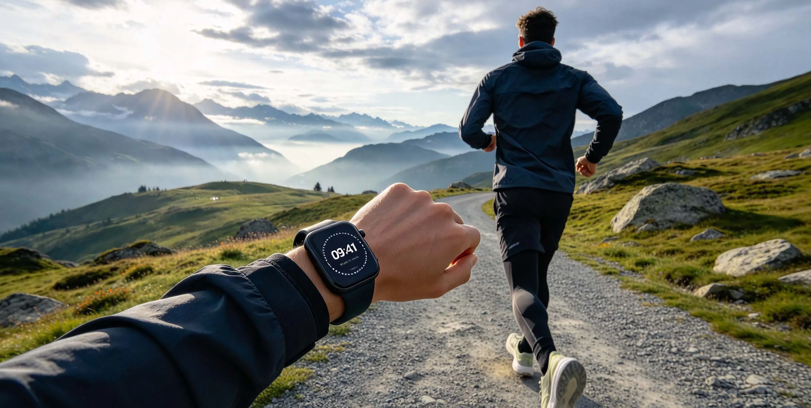 Runner checking a MYRYDER square-face smart watch on the wrist at sunrise on a mountain trail, misty valley and peaks behind — outdoor lifestyle scene