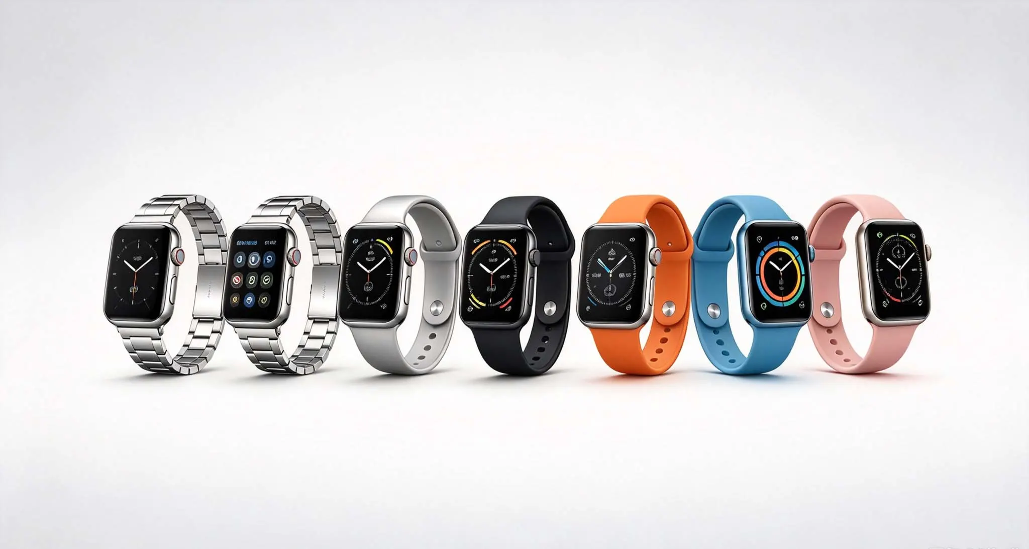 Seven MYRYDER square-face smart watches lined up on a white background, shown with a silver steel link bracelet and silver, black, orange, blue and pink silicone straps — full product range view
